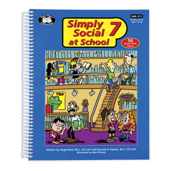 Simply Social 7 at School, educational textbook cover featuring cartoon students in a school library with bookshelves, stairs, and vibrant illustrations.