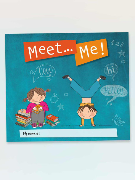 Meet... Me! Interactive classroom sign for children, featuring illustrated kids with books and playful speech bubbles saying 'hi', 'hello!', 'cool!', designed for early education and classroom decoration.