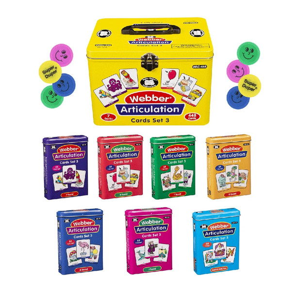 Webber Articulation Cards Set 3, colorful card boxes featuring illustrations of animals, characters, and objects for speech therapy activities.
