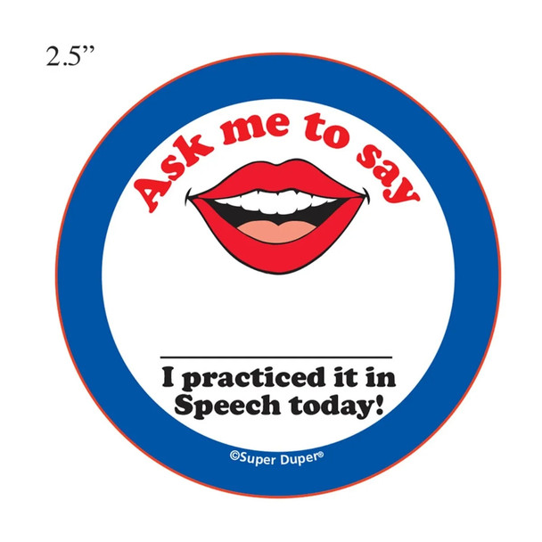 Ask me to say, I practiced it in Speech today button, speech practice badge with smiling mouth icon in red, white, and blue colors. Ask me to say, I practiced it in Speech today button, speech practice badge with smiling mouth icon in red, white, and blue colors.