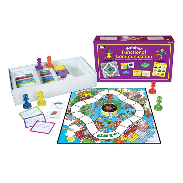 Webber Functional Communication, educational game board set with PCS symbols and expressive and receptive language cards for children ages 3 and up.