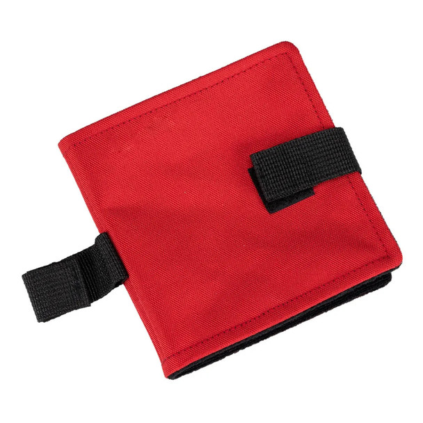 Miniature red wallet, compact wallet with black strap closure for secure storage