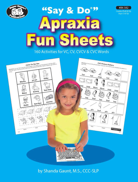 Say & Do Apraxia Fun Sheets, educational activity worksheets for children with communication disorders, featuring images of activities and a smiling girl coloring.