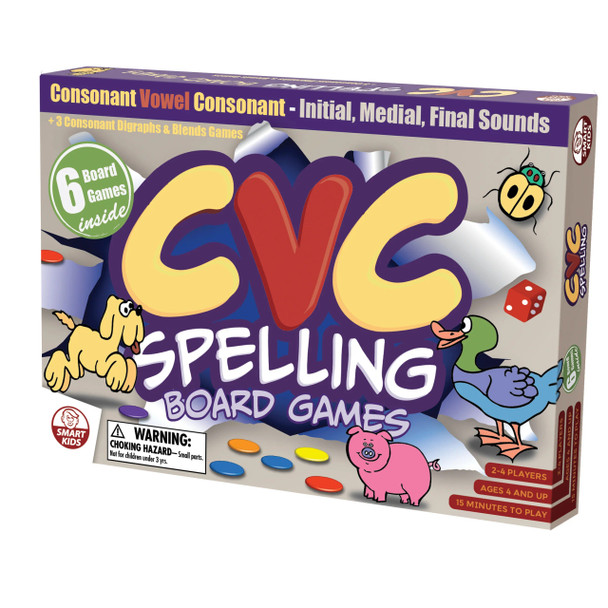 CVC Spelling Board Games, educational board game for children with colorful illustrations of animals and game components inside.