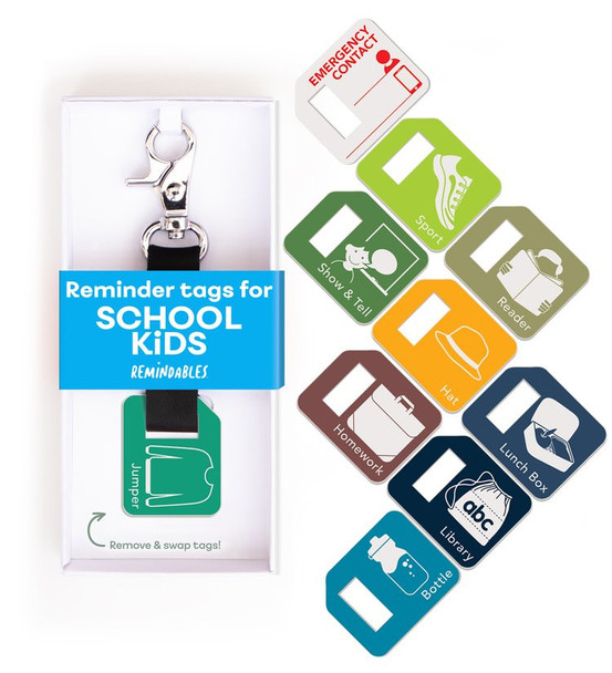 Reminder tags for school kids, set of removable and swappable reminder tags for various school essentials such as jumper, emergency contact, sport, show & tell, reader, hat, homework, lunch box, library, and bottle.