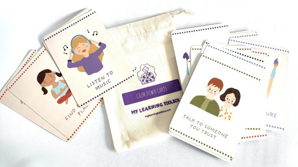 Calm Down Cards, children's emotional regulation flashcards with illustrations and positive affirmations.