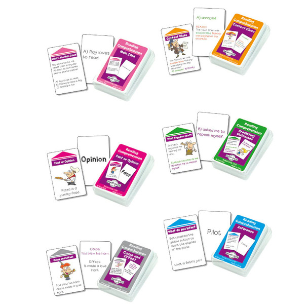 Educational cards set, a collection of cards designed to teach reading comprehension, opinion, cause and effect, and inference skills with colorful illustrations and text.