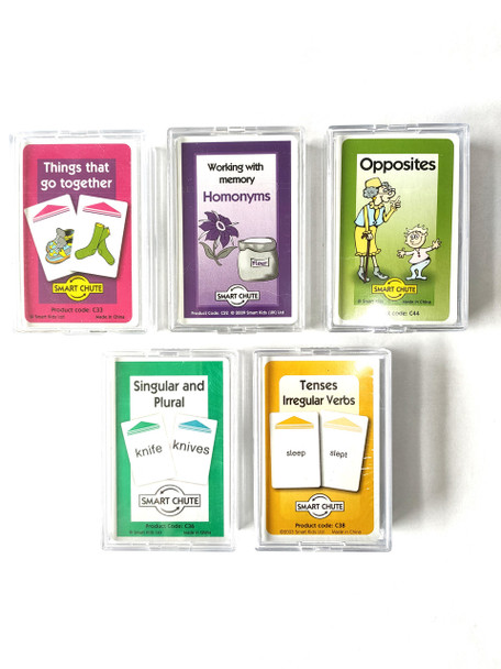 Language Learning Flashcards, set of five cards focusing on grammar and vocabulary topics such as things that go together, working with memory, opposites, singular and plural nouns, and irregular verb tenses.