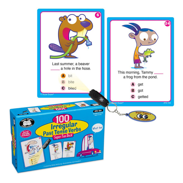 100 Irregular Past Tense Verbs, educational card game for children with colorful cards and game box.