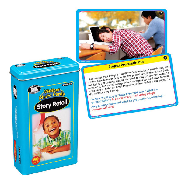 Webber Photo Cards Story Retell, image of a blue card box and a story card titled 'Project Procrastinator' featuring a story about a boy named Lee, in a classroom setting.