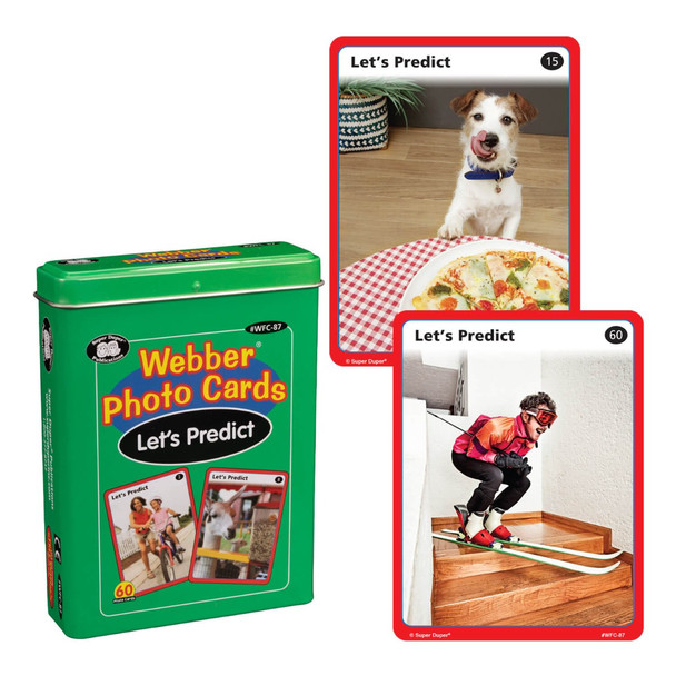 Webber Photo Cards Let's Predict, educational card game featuring images of a dog, pizza, and a skier for predicting and learning. Webber Photo Cards Let's Predict, educational card game featuring images of a dog, pizza, and a skier for predicting and learning.