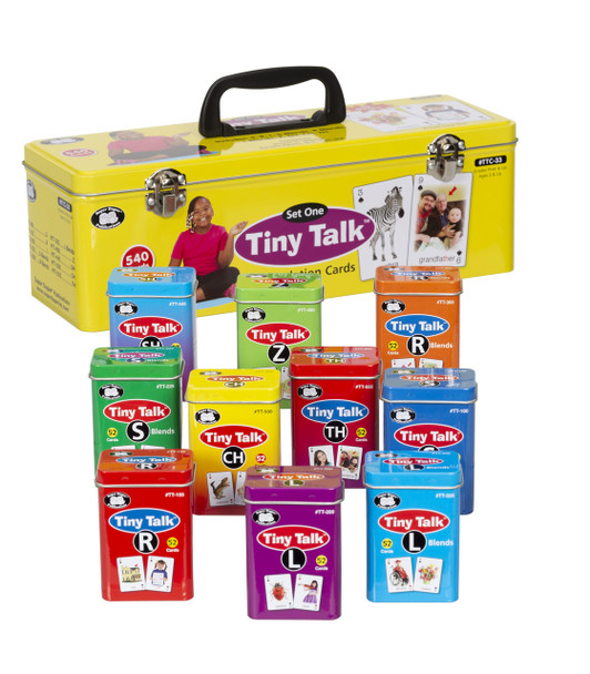 Tiny Talk Set One Communication Cards, colorful metal tins containing 52 cards each for early childhood language development.