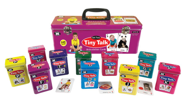 Tiny Talk Articulation Cards, colorful box with various sets of communication cards for kids and small card boxes with animal and object images.
