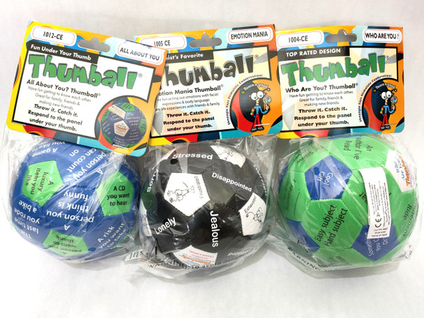 Thumball, emotional intelligence distraction game balls with different themes and printed words for expressing feelings and responses. Thumball, emotional intelligence distraction game balls with different themes and printed words for expressing feelings and responses.