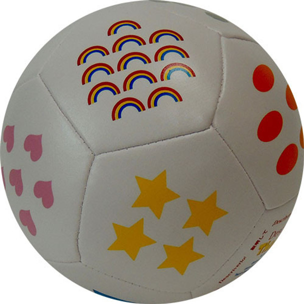 Decorative 4 inch white ball with colorful shapes including polka dots, and pink hearts designs.