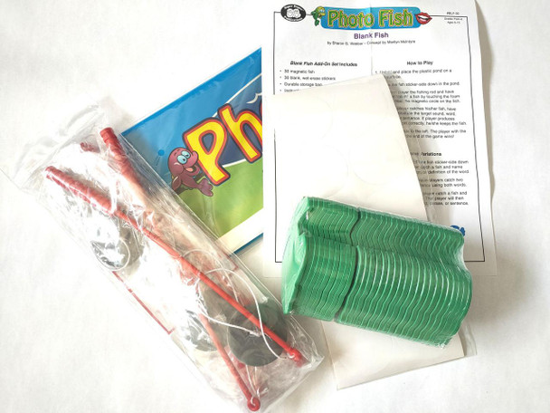 Photo Fish, children's educational toy with blank magnetic fish set including stickers, rods, and instructions