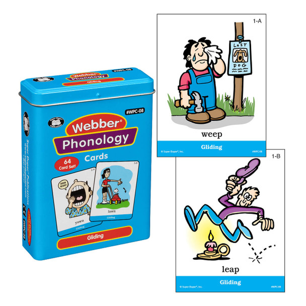 Webber Phonology Cards, educational flashcards for learning the word 'gliding' with illustrations of a person weeping and jumping.