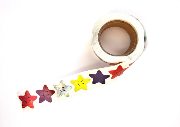 Decorative Washi Tape, colorful star-shaped stickers on white adhesive tape with happy faces and glitter details