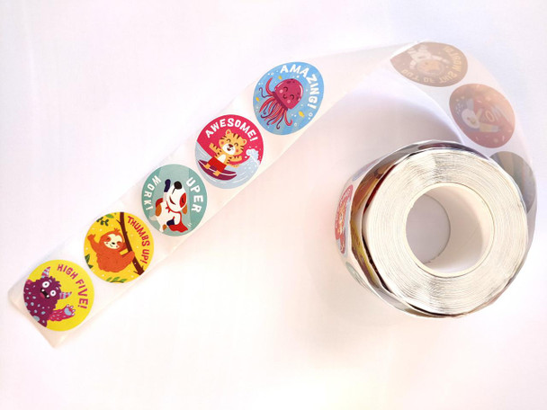 Decorative sticker roll, roll of colorful stickers with various fun and motivational phrases and cartoon characters for children.