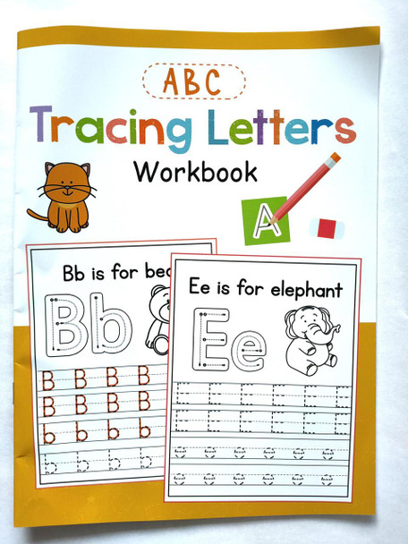 Tracing Letters Workbook, educational coloring pages and activities for learning the alphabet with cartoon animal illustrations.