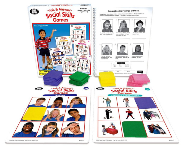 Social Skills Games, educational card game kit for children including cards, game boards, and instruction booklet designed to improve feelings and conversation skills.