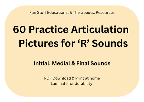 Practice Articulation Pictures for R Sounds, educational and therapeutic resource with 60 practice images for initial, medial, and final sounds, printable PDF downloadable material.