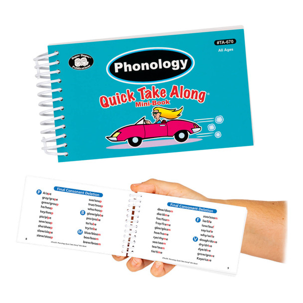 Phonology educational workbook, image of an open spiral-bound book with colorful text and annotations on phonological processes, and a blue workbook titled 'Phonology Quick Take Along' featuring a pink car illustration.