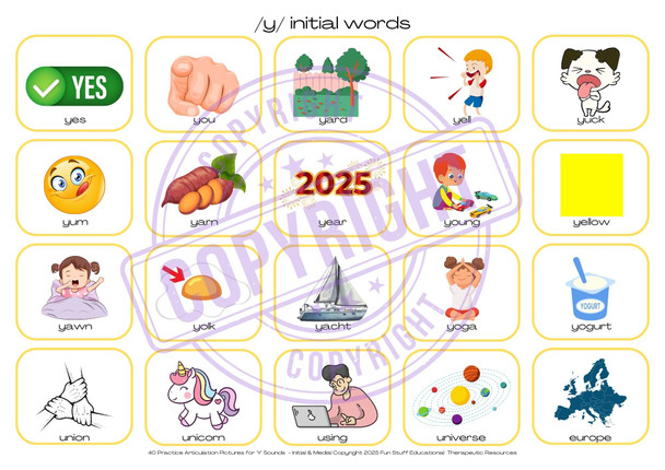 40 Practice Articulation Pictures for 'Y' Sounds - Download sample page