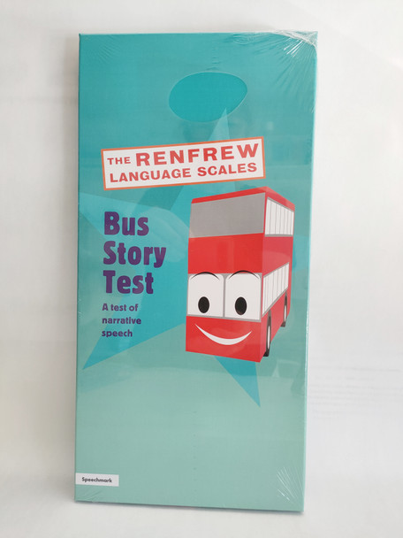 Bus Story Test, a colorful book cover for the 'The Renfrew Language Scales' series featuring a cartoon red bus with a smiling face.