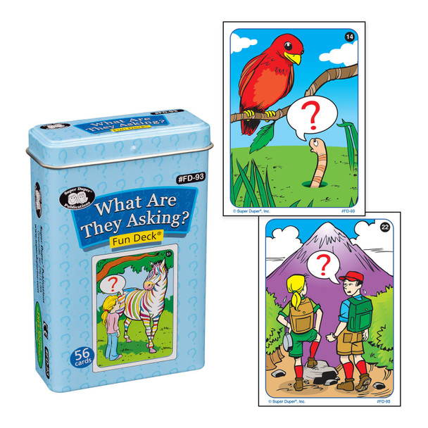 What Are They Asking? Fun Deck, educational card game featuring illustrations of children and animals with question marks for learning questions and answers.