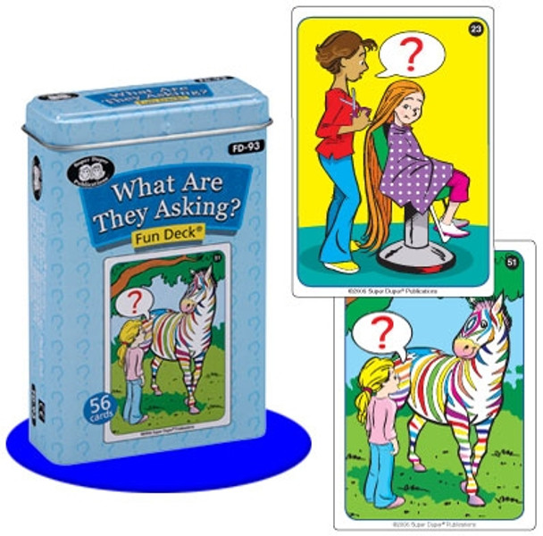What Are They Asking? Fun Deck, educational card game featuring illustrations of children and animals with question marks for learning questions and answers.
