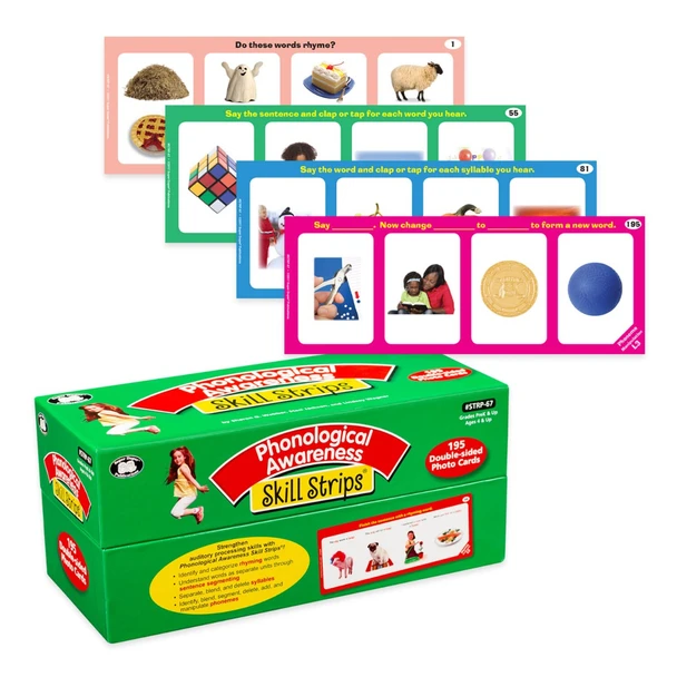 Phonological Awareness Skill Strips, educational card game box with images of children and animals on the pack.