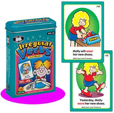 Irregular Verbs Fun Deck tin with sample cards