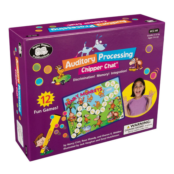 Auditory Processing Chipper Chat, educational game box with colorful cartoon monkeys and a young girl playing.