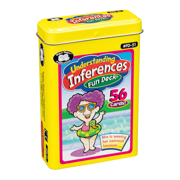 Understanding Inferences Fun Deck, educational card game for children with illustrations of kids and animals, promoting inference skills development.