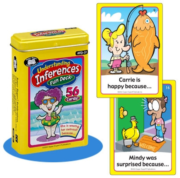 Understanding Inferences Fun Deck, educational card game for children with illustrations of kids and animals, promoting inference skills development.