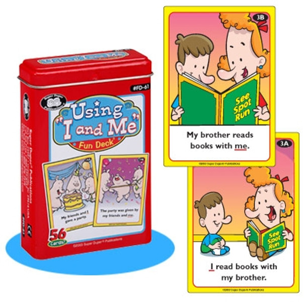 Using I and Me Fun Deck, educational card game for children featuring illustrations of kids reading books with family and friends.