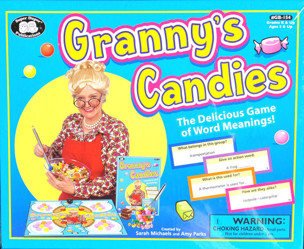 Granny's Candies, colorful children’s educational game box with an elderly woman in a red apron holding a bowl of candies, promoting a word meaning learning activity for kids.
