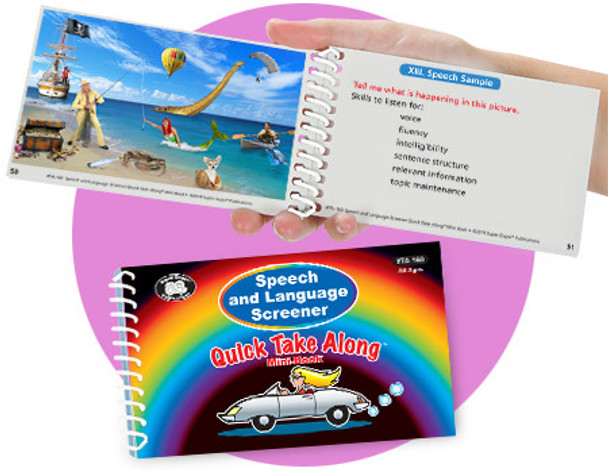 Speech and Language Screener, colorful spiral-bound book with rainbow design titled 'Quick Take Along' featuring a lion riding in a convertible car.