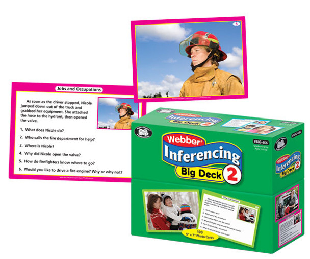 Webber Inferencing Big Deck 2 educational card game, box with firefighter scene and children playing, featuring 100 photo cards for learning and fun activities. Webber Inferencing Big Deck 2 educational card game, box with firefighter scene and children playing, featuring 100 photo cards for learning and fun activities.