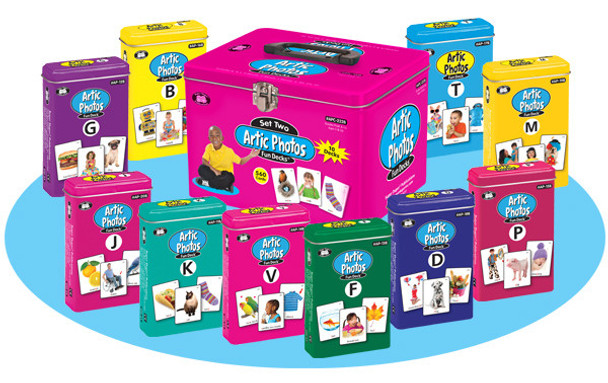 Artic Photos Fun Decks, colorful set of photo-based picture cards for children with various themes including animals, objects, and activities in vibrant packaging.