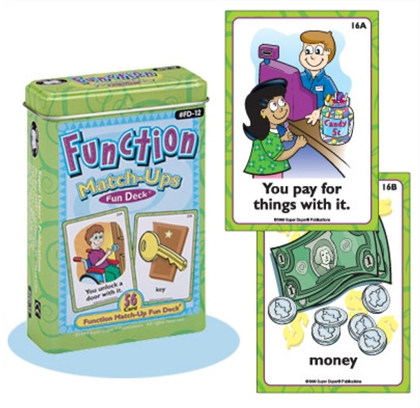 Function Match-Ups Fun Deck, educational card game for children with playing cards, a dollar bill, coins, and illustrated characters promoting learning about exchanging money and buying things.