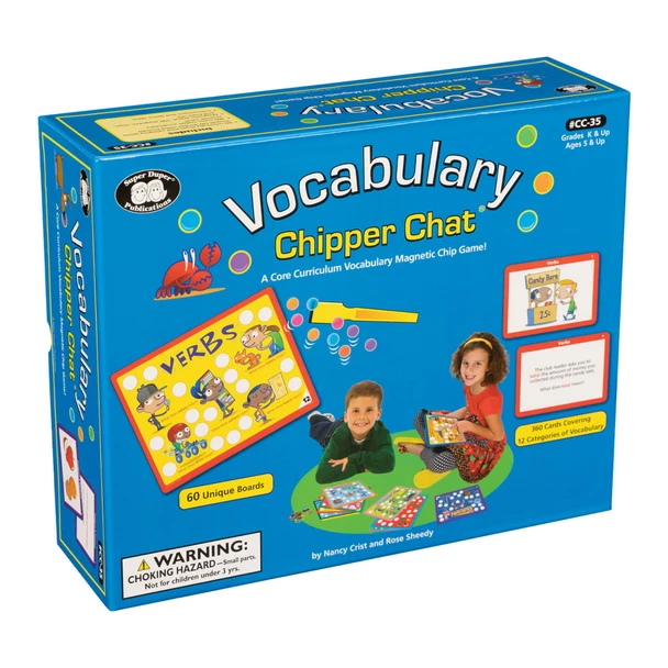 Vocabulary chipper chat opened box with chips and cards showing