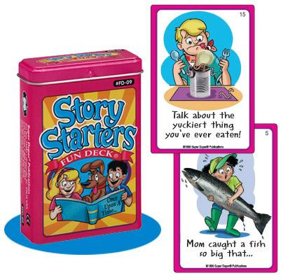 Story Starter Cards, a colorful set of cards numbered 1-28 with a variety of prompts and questions for children to spark storytelling and imagination.