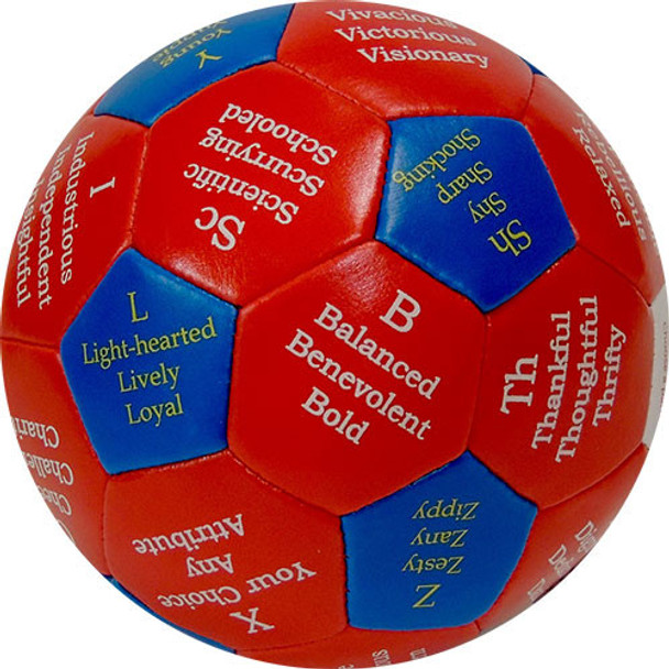 Therapeutic mini Soccer Ball, a red and blue soccer ball with words and qualities like balanced, loyal, visionary, and kind printed on its panels.