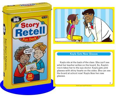 Story Retell Fun Deck Level 1 Cards, colorful educational flashcards listing various story retelling prompts and activities, tine with sample card.