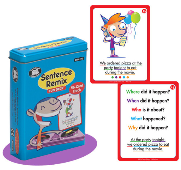 Sentence Remix, educational card game for children featuring a blue box with a cartoon monkey and two example cards with questions and colored words. Sentence Remix, educational card game for children featuring a blue box with a cartoon monkey and two example cards with questions and colored words.