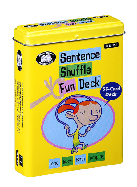 Sentence Shuffle Fun Deck, colorful card game box for children with illustration of a girl jumping rope and words like 'rope,' 'likes,' 'Beth,' and 'jumping' on the cover. Sentence Shuffle Fun Deck, colorful card game box for children with illustration of a girl jumping rope and words like 'rope,' 'likes,' 'Beth,' and 'jumping' on the cover.