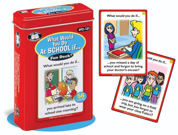 What Would You Do At School if... Fun Deck card game, featuring cards with hypothetical situations for children to discuss, including missing school and forgetting to bring a doctor's note.