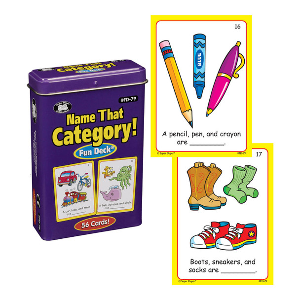 Name That Category! Fun Decks, educational card game for children featuring animal classification with cards showing a horse, cow, pig and a park, zoo, beach scene.